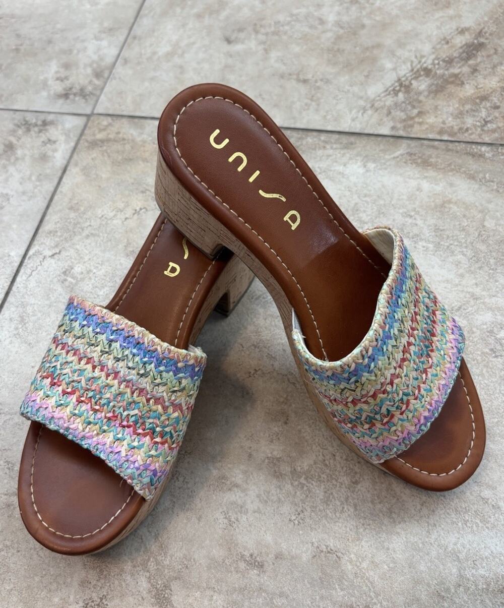 UNISA‎ Women’s Raffia Slide Sandals Size 9.5 M Multicolor Woven Block Heel Mule